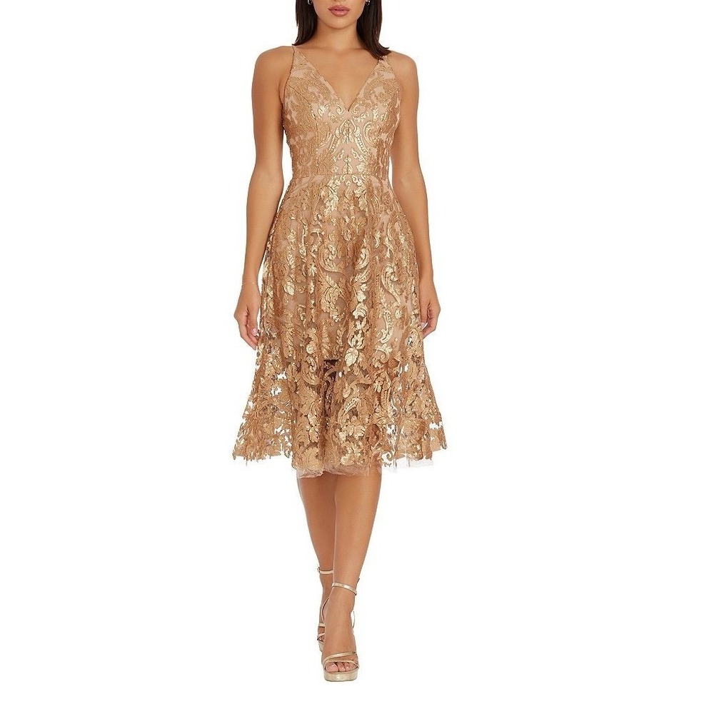 Dress the Population Women's L Gold/Nude Sequin Lace Blair Fit Flare Midi Dress